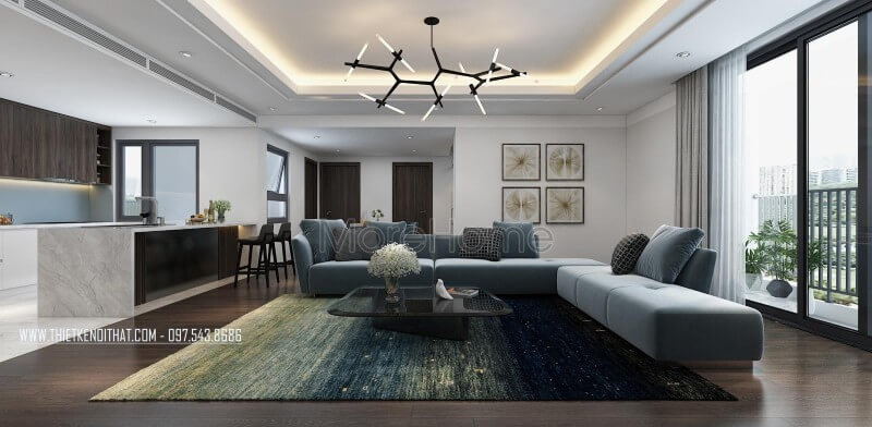 Trang trí nội thất phòng khách với gam màu xanh trẻ trung, năng động, đồ nội thất hiện đại đơn giản nhưng đáp ứng công năng. Thiết kế phòng khách chung cư