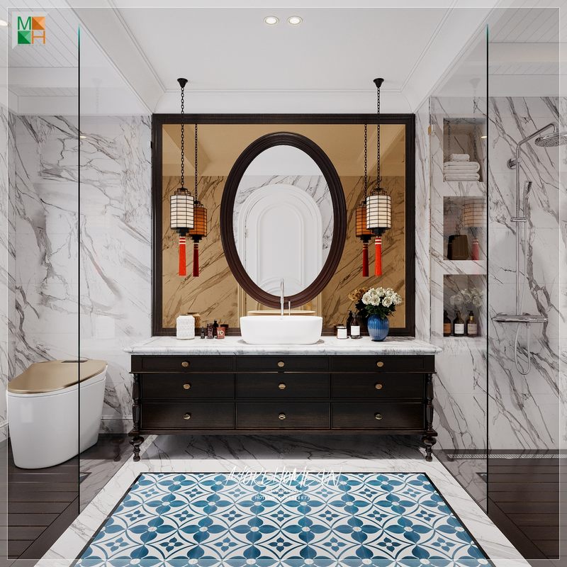 Bàn đá lavabo với vẻ ngoài sáng bóng kết hợp với vân mây tạo nên sức cuốn hút khiến người nhìn mê mẩn.